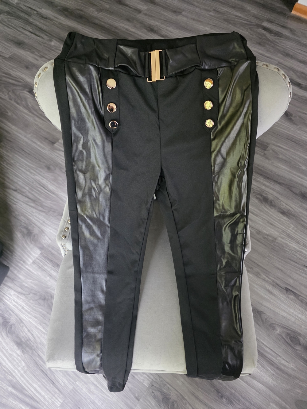 High-Waist Faux Leather Trim Black Women's Pant with Gold Buttons